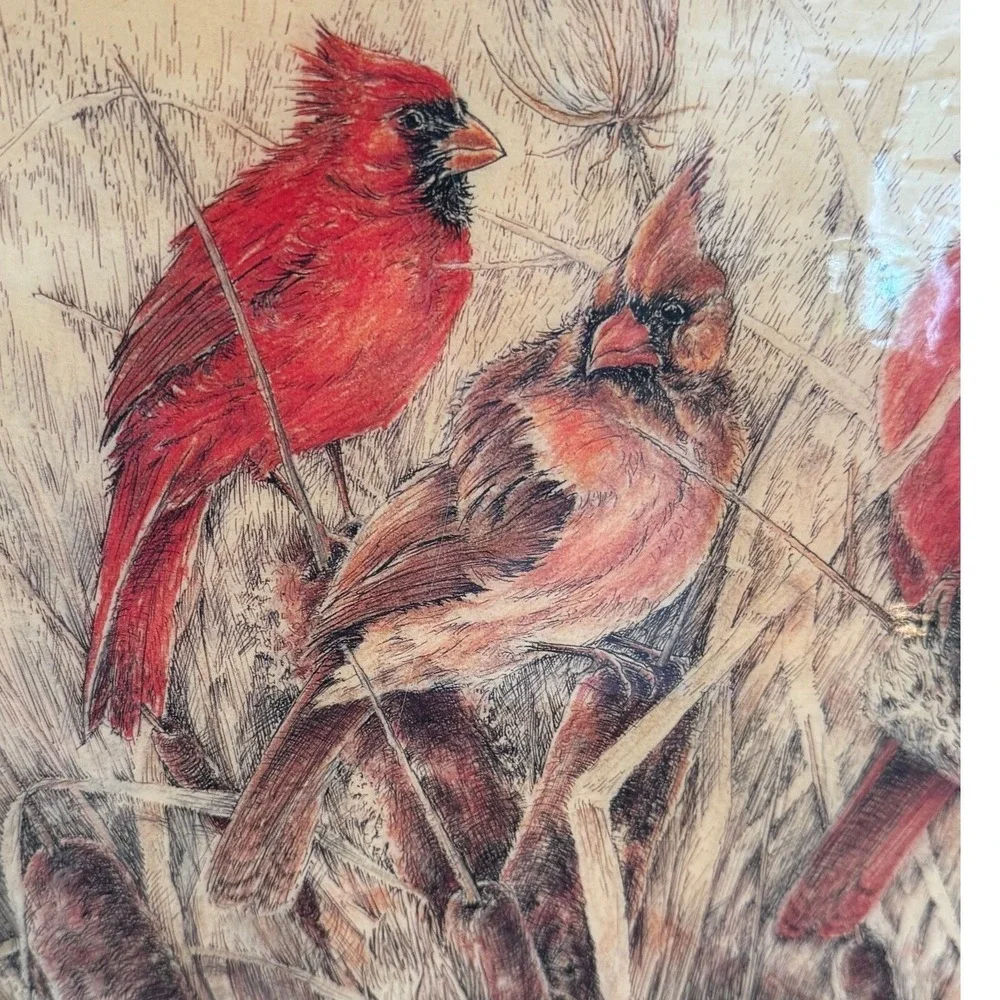 Vintage Large Wood Plaque Wall Clock Red Cardinals Birds Nature Roman Numerals